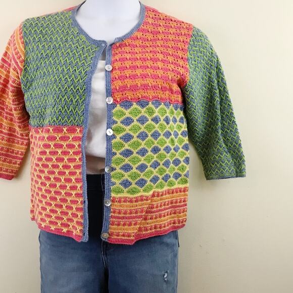 Susan Bristol Y2K 2000s Vintage Crochet patchwork Grandma cardigan sweater M - Picture 4 of 10